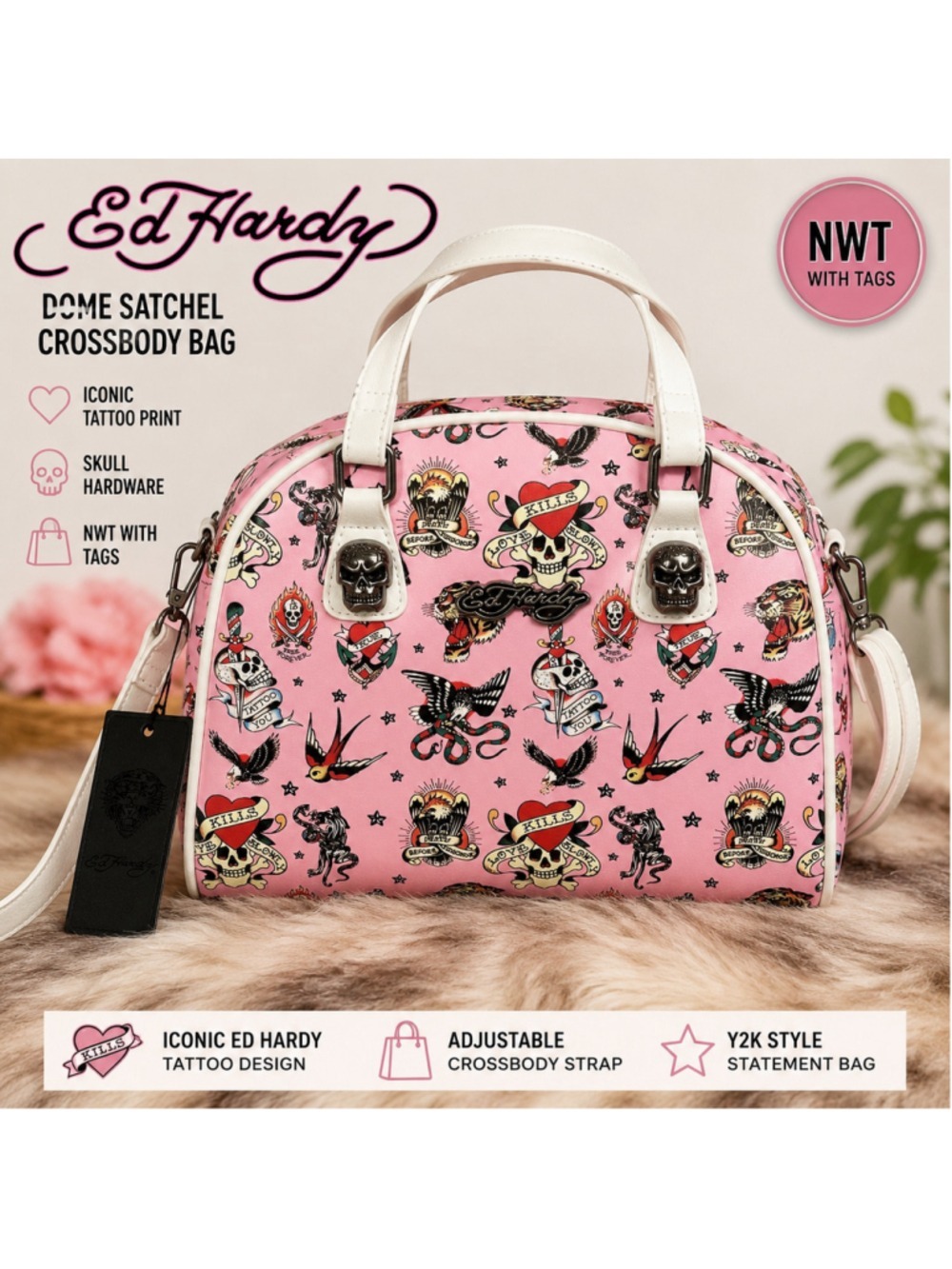 Ed Hardy Pink Tattoo Print Dome Satchel Crossbody Bag NWT Skull Tiger Hearts
